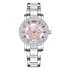 Silver watch with a pink face and diamond-studded bezel on a white background