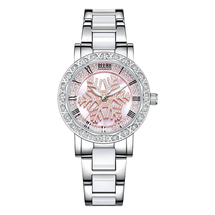 Silver watch with a pink face and diamond-studded bezel on a white background