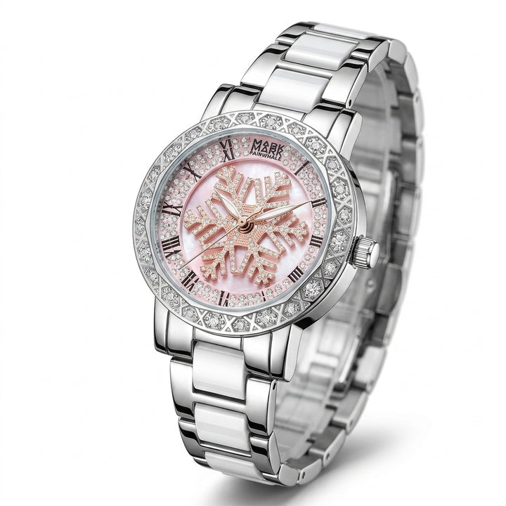 Silver watch with a pink face and diamond accents on a white background