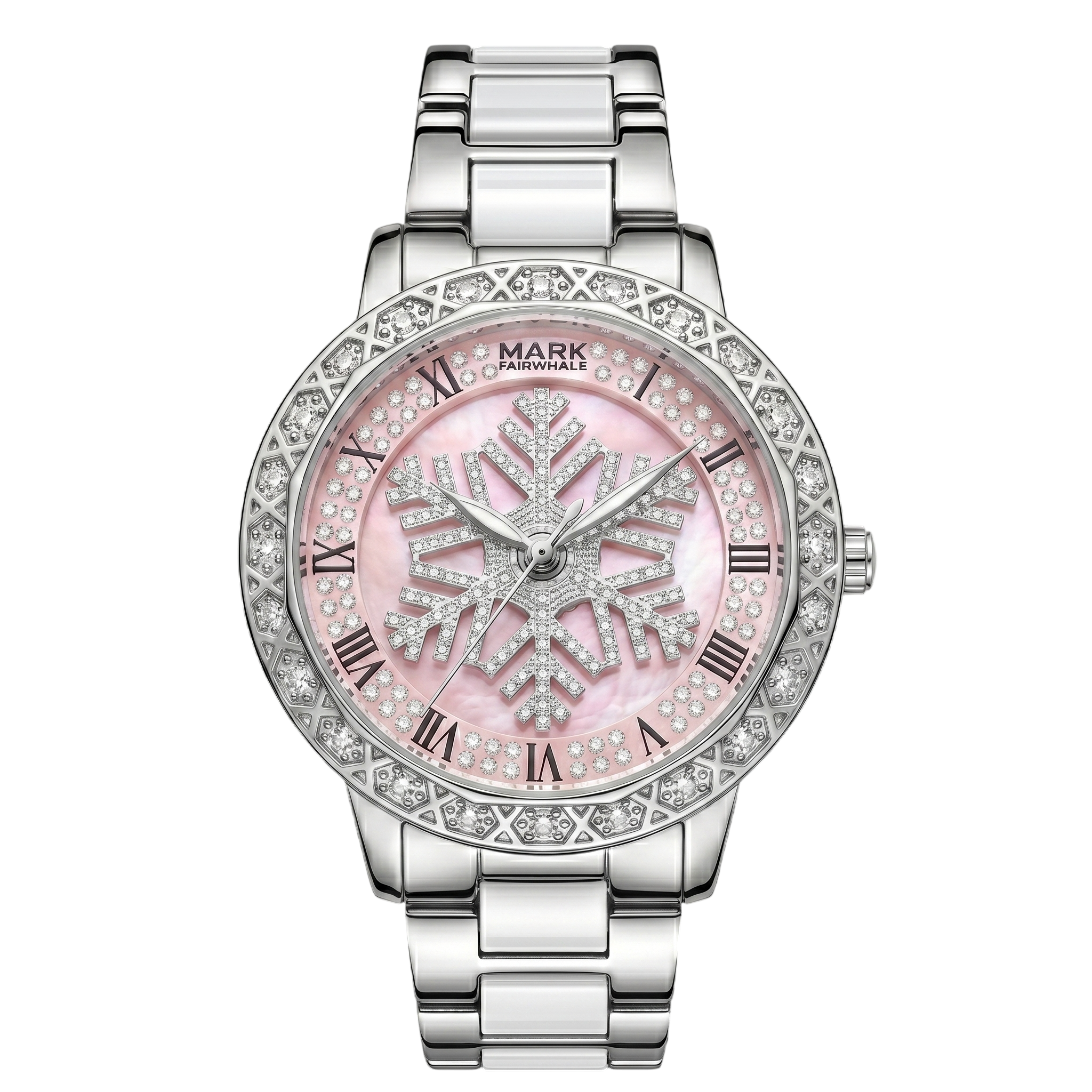 Silver watch with a pink face and snowflake design on a white background