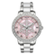 Silver watch with a pink face and snowflake design on a white background