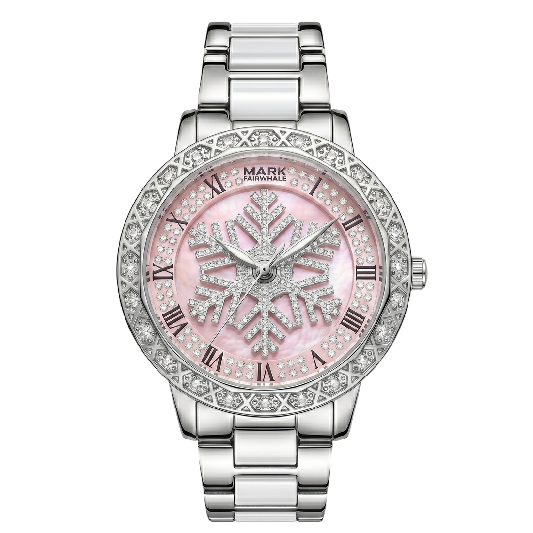Silver watch with a pink face and snowflake design on a white background