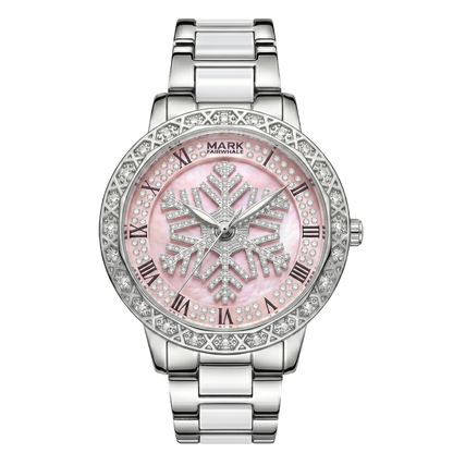 Silver watch with a pink face and snowflake design on a white background