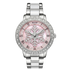 Silver watch with a pink face and snowflake design on a white background