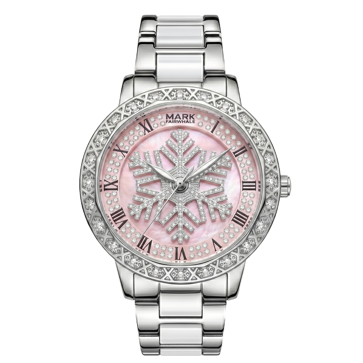 Silver watch with a pink face and snowflake design on a white background