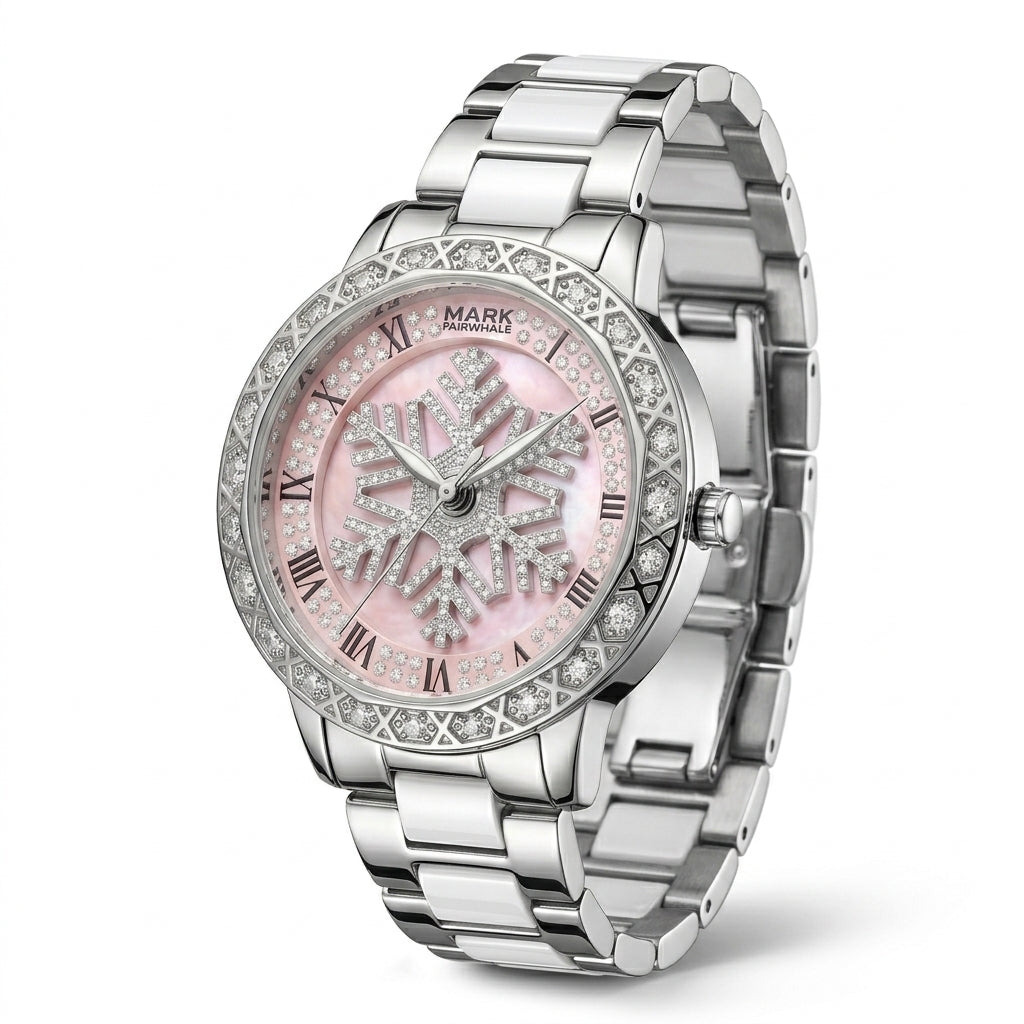 Silver watch with a pink face on a white background