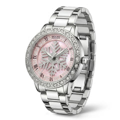 Silver watch with a pink face on a white background