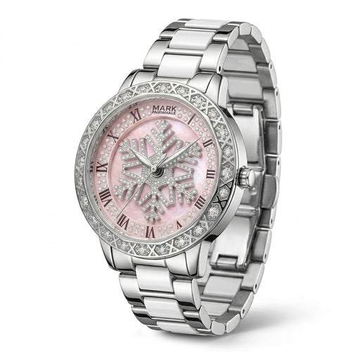 Silver watch with a pink face on a white background