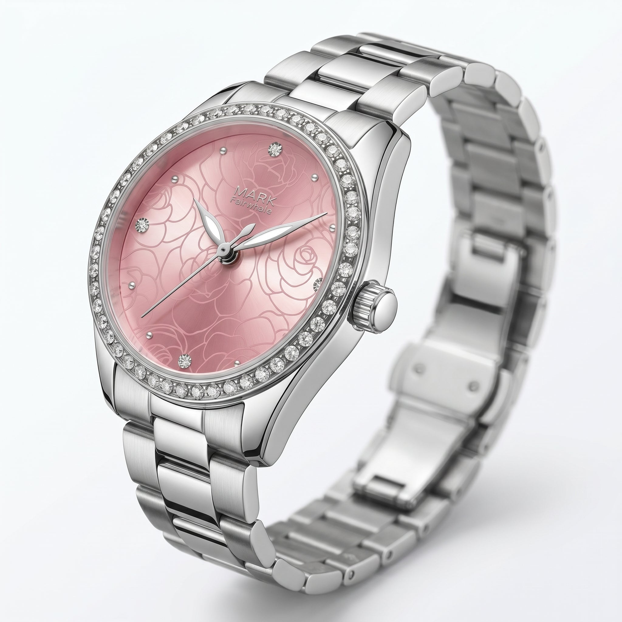 Silver watch with a pink face on a white background