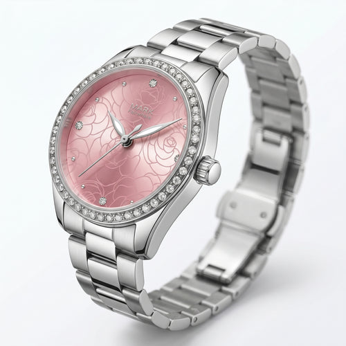 Silver watch with a pink face on a white background