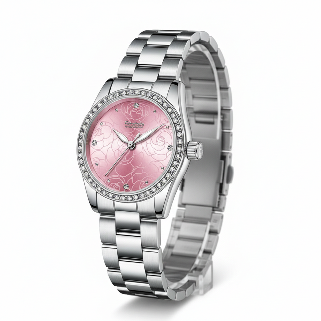 Silver watch with a pink face on a white background