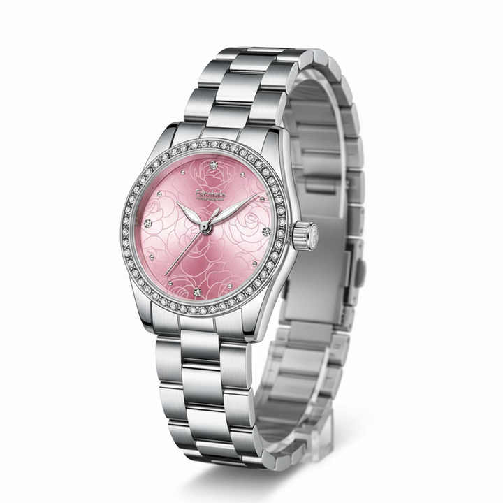 Silver watch with a pink face on a white background