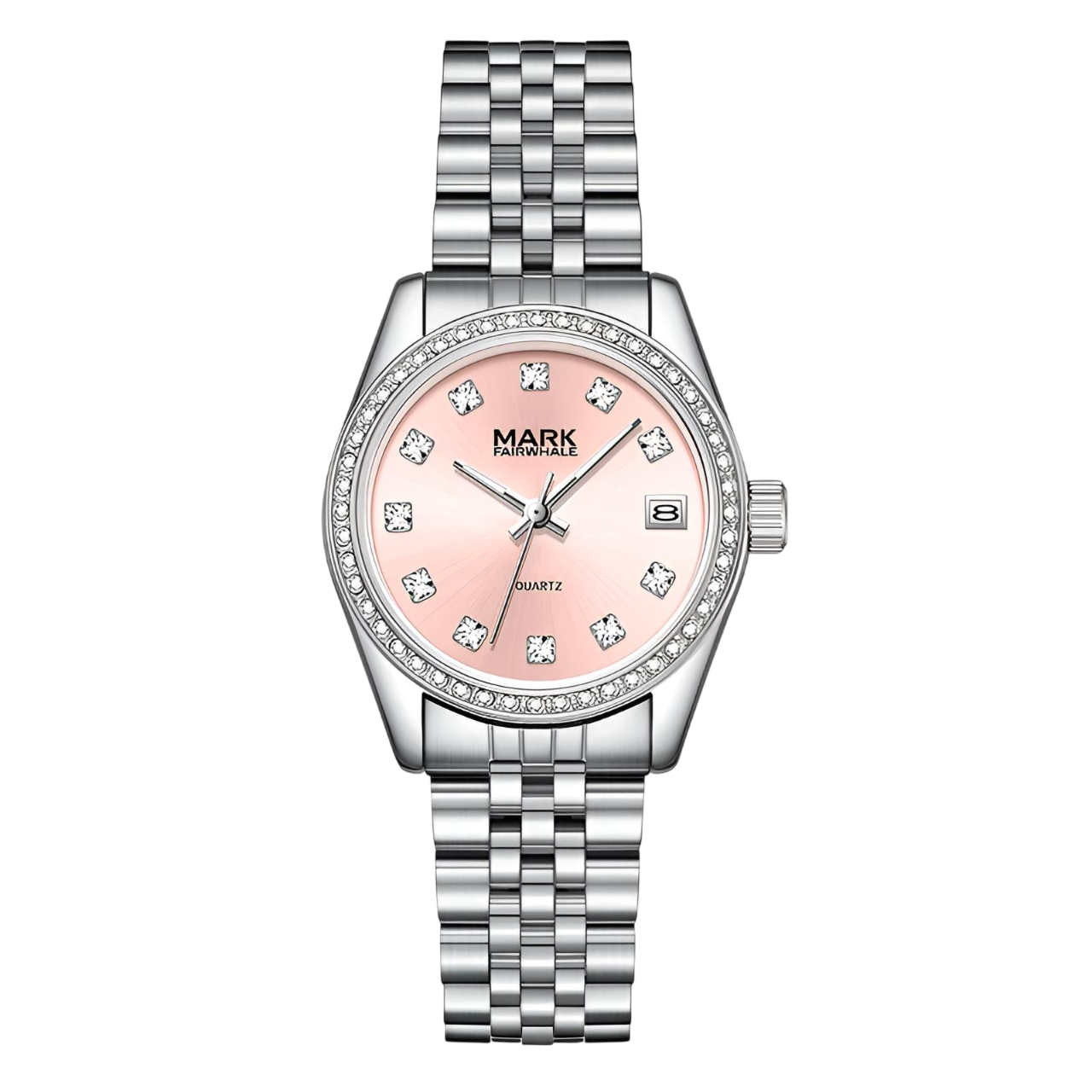 Silver watch with a pink face on a white background