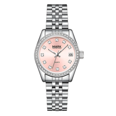 Silver watch with a pink face on a white background