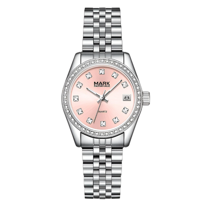 Silver watch with a pink face on a white background