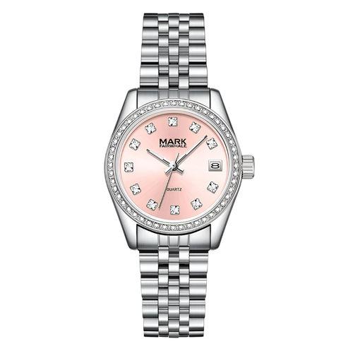 Silver watch with a pink face on a white background