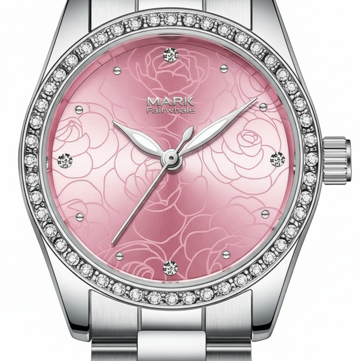 Silver watch with a pink floral face and diamond accents on a white background