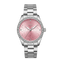 Silver watch with a pink floral face on a white background