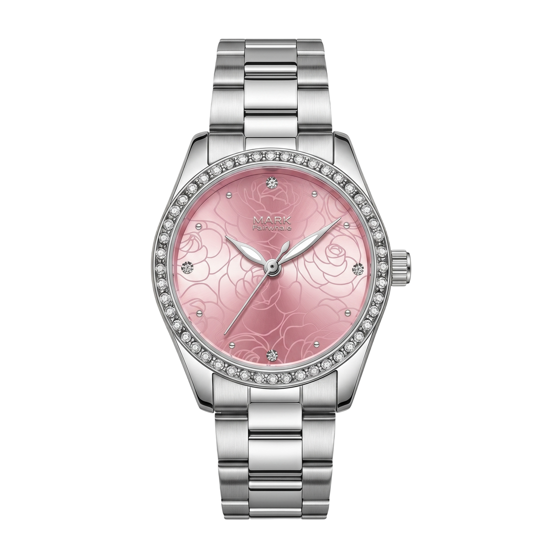 Silver watch with a pink floral face on a white background