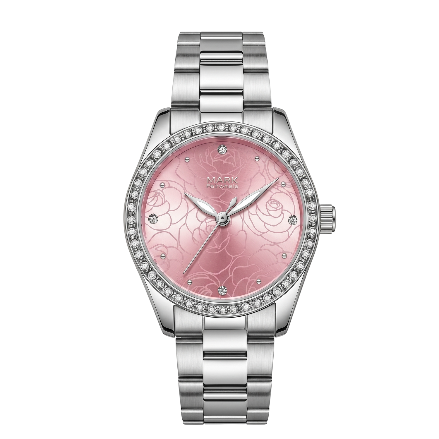 Silver watch with a pink floral face on a white background