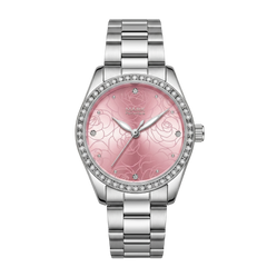Silver watch with a pink floral face on a white background