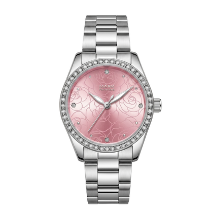 Silver watch with a pink floral face on a white background