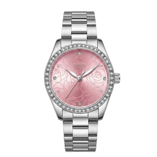Silver watch with a pink floral face on a white background