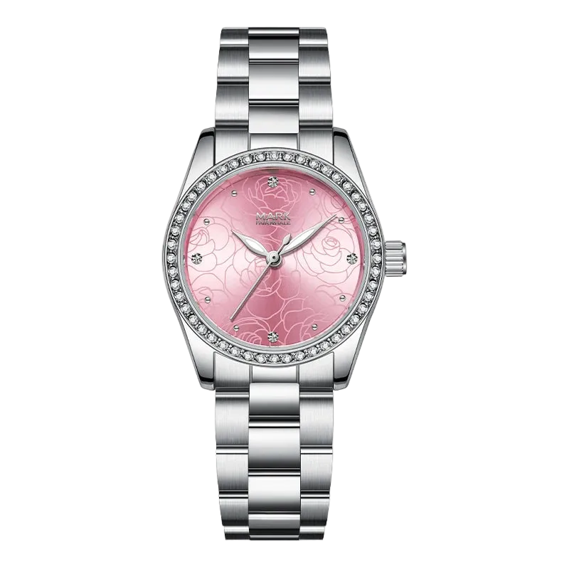 Silver watch with a pink floral face on a white background