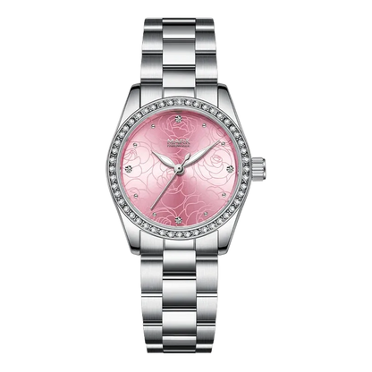 Silver watch with a pink floral face on a white background