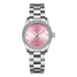 Silver watch with a pink floral face on a white background