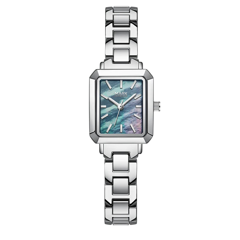 Silver watch with a rectangular face on a white background