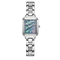 Silver watch with a rectangular face on a white background