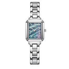 Silver watch with a rectangular face on a white background
