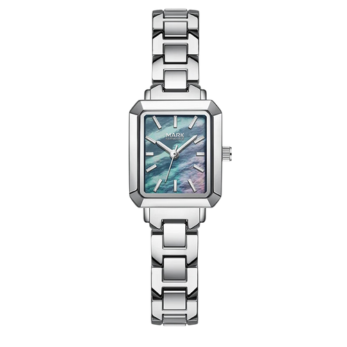 Silver watch with a rectangular face on a white background