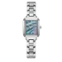 Silver watch with a rectangular face on a white background