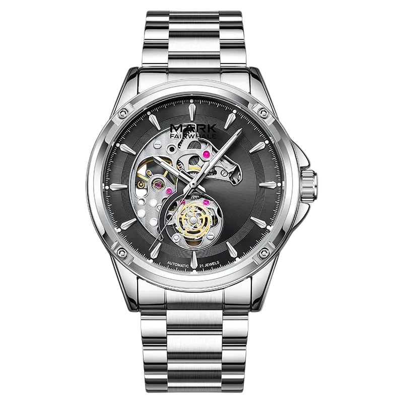 Silver watch with a transparent face on a white background