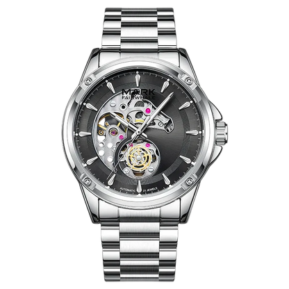 Silver watch with a transparent face on a white background