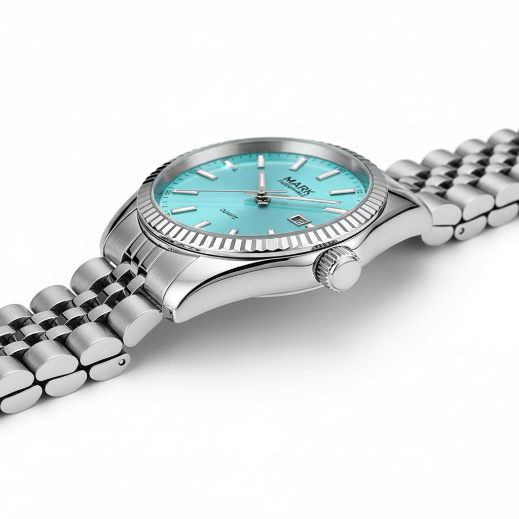 Silver watch with a turquoise dial on a white background