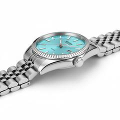 Silver watch with a turquoise dial on a white background