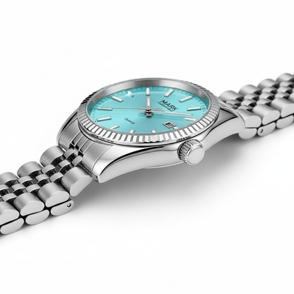 Silver watch with a turquoise dial on a white background
