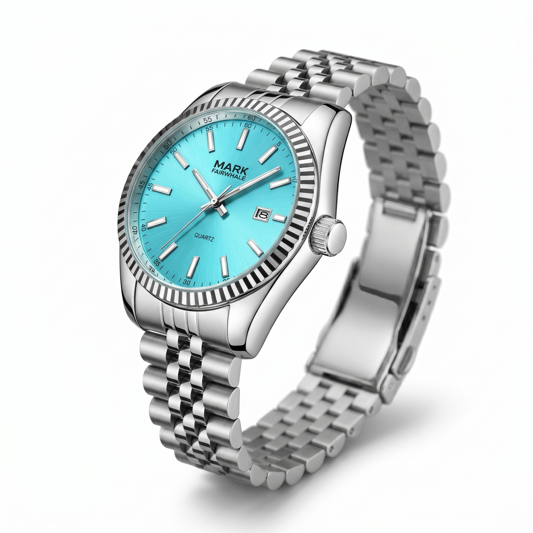 Silver watch with a turquoise dial on a white background