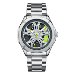 Silver watch with a unique face design on a white background