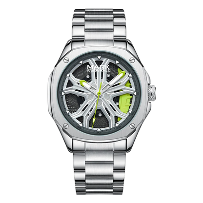 Silver watch with a unique face design on a white background
