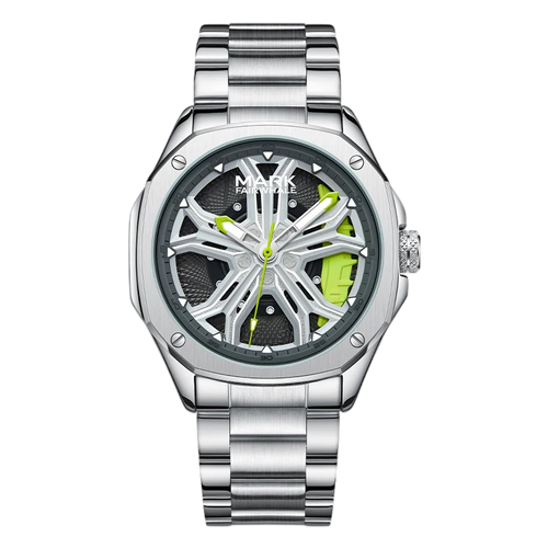 Silver watch with a unique face design on a white background