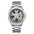 Silver watch with a unique face design on a white background
