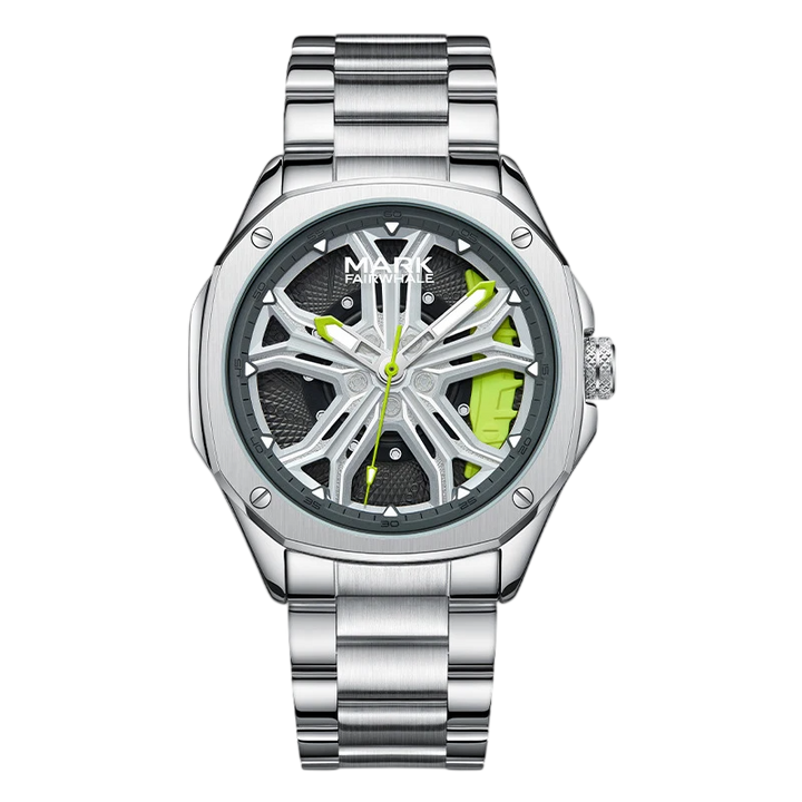 Silver watch with a unique face design on a white background