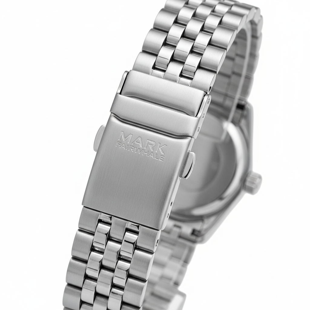 Silver watch with a visible brand name on a white background