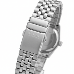 Silver watch with a visible brand name on a white background