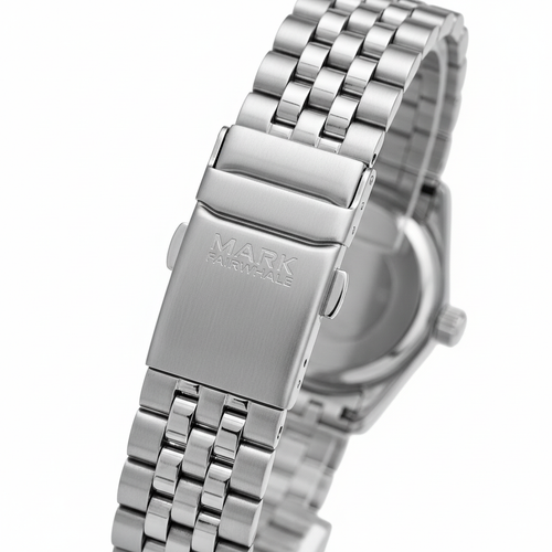 Silver watch with a visible brand name on a white background