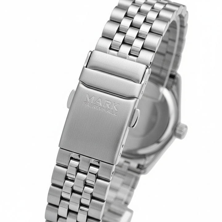 Silver watch with a visible brand name on a white background